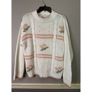 Vintage American weekend handknit‎ sweater peach orange floral cottage core